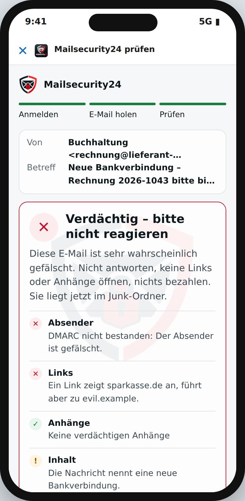 Outlook-App am Handy mit dem Ergebnis der Prüfung
