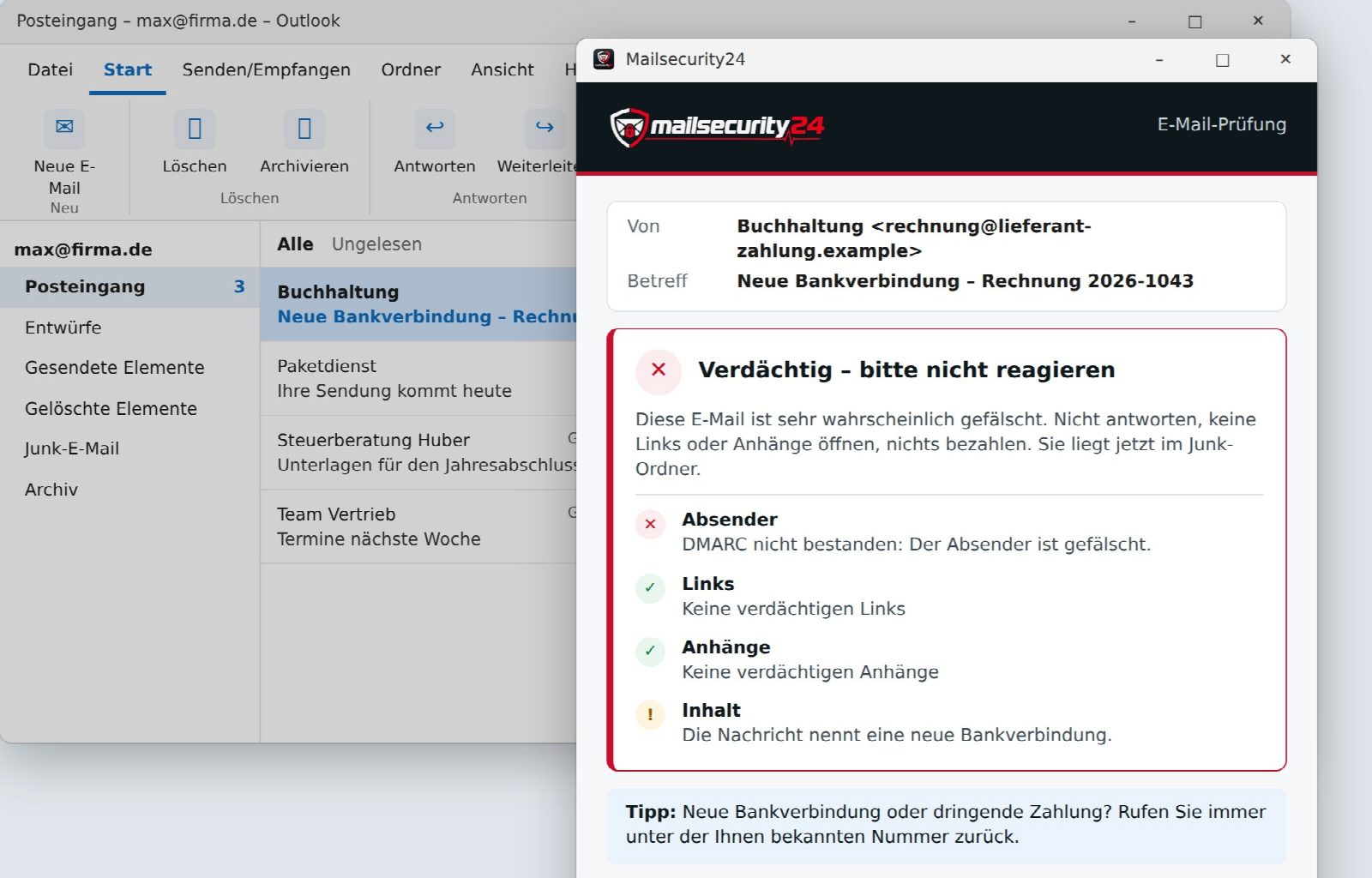 Klassisches Outlook mit dem Prüffenster von Mailsecurity24: Ergebnis „Verdächtig“